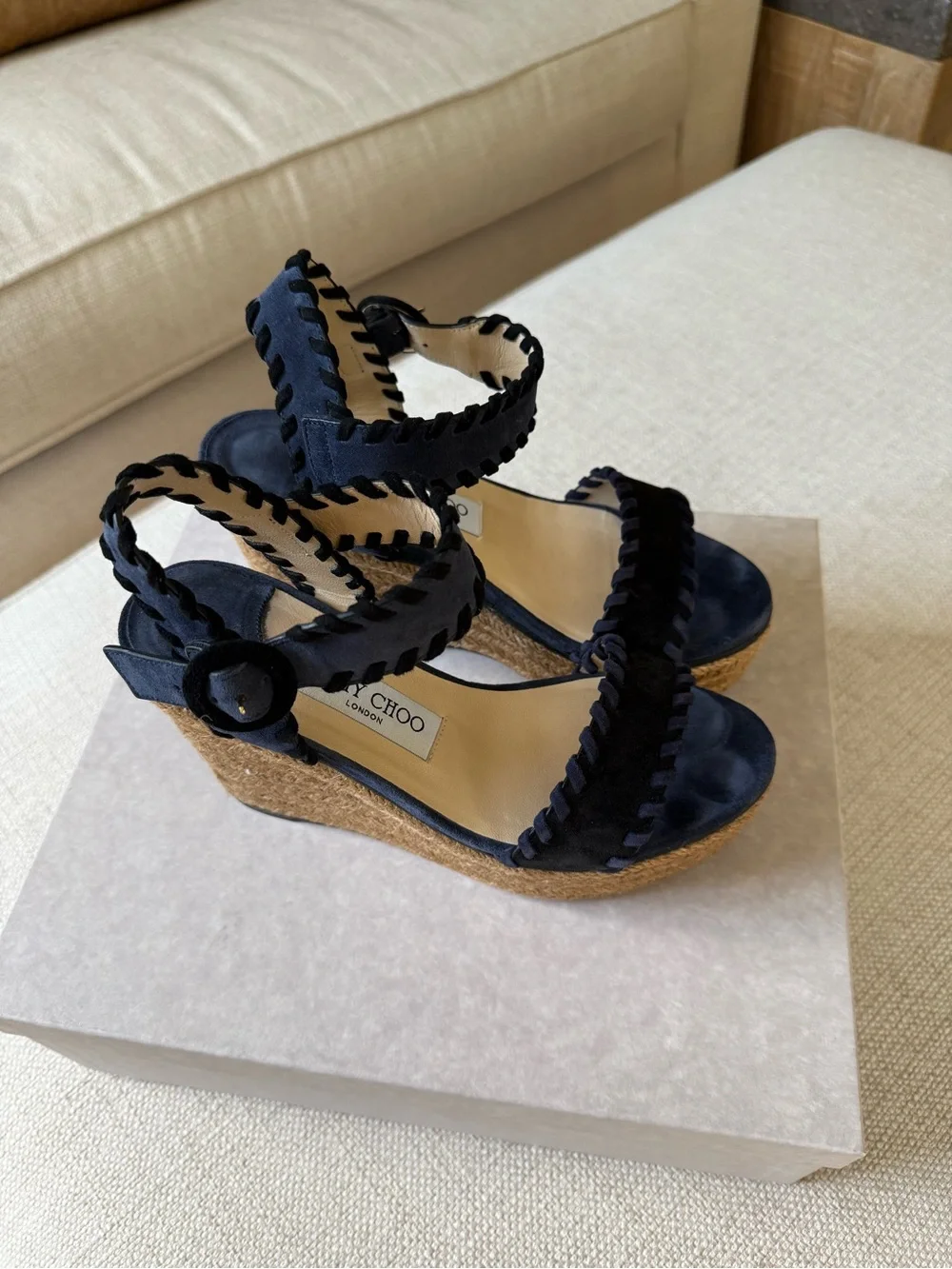 Jimmy Choo Black and Navy Suede Braided Ankle Wedge Sandals